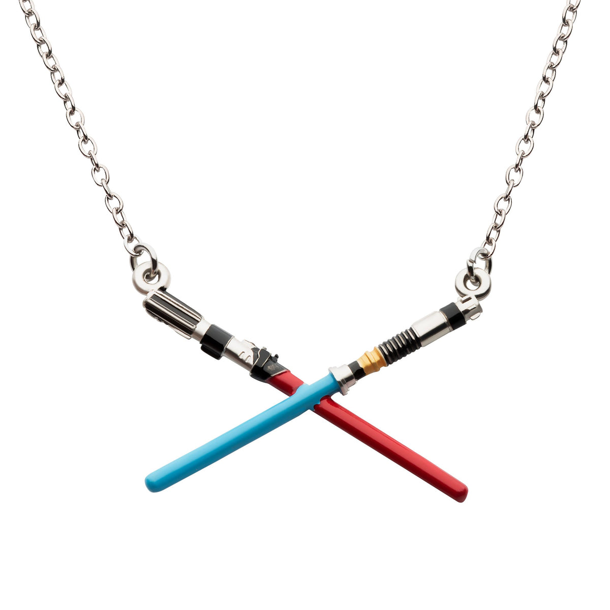 Star Wars Book of Boba Fett Crossed Lightsaber Base Metal Necklace Set with Steel Chain.