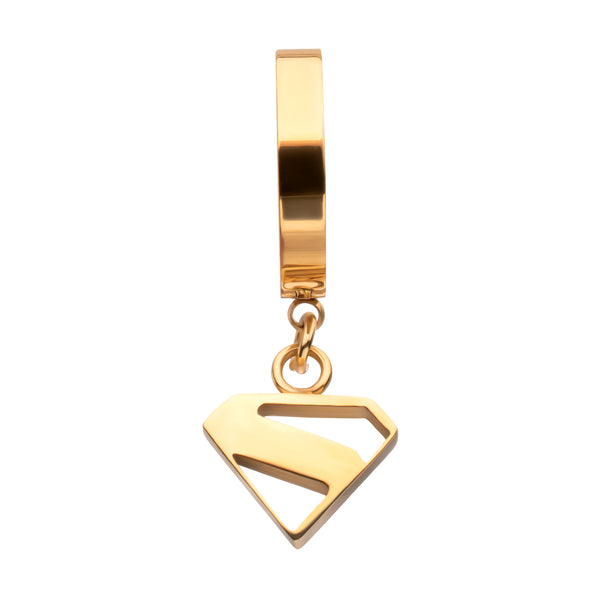 Superman Logo Cut Out Huggie Earrings – Gold Finish Stainless Steel Jewelry. Sold by piece