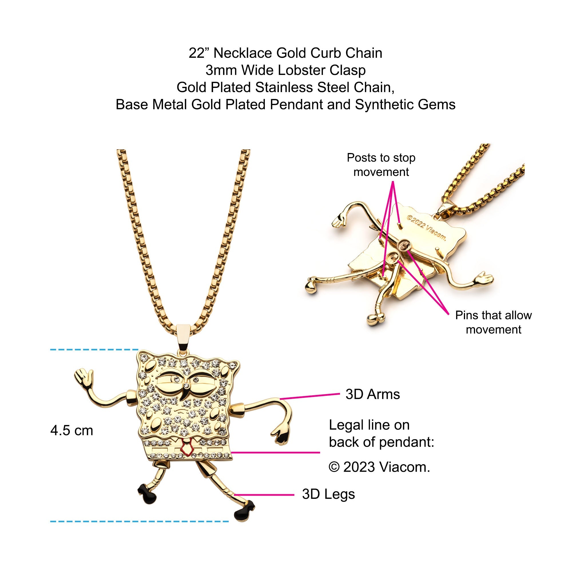Nickelodeon Gold Plated Spongebob Dancing Bling Pendant with Gold IP Steel Chain.