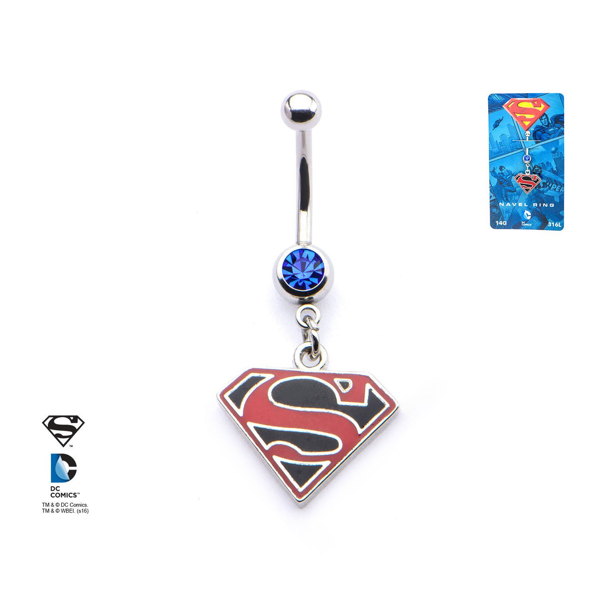 DC Comics Red/Black Superman Logo with Gem Dangle Navel