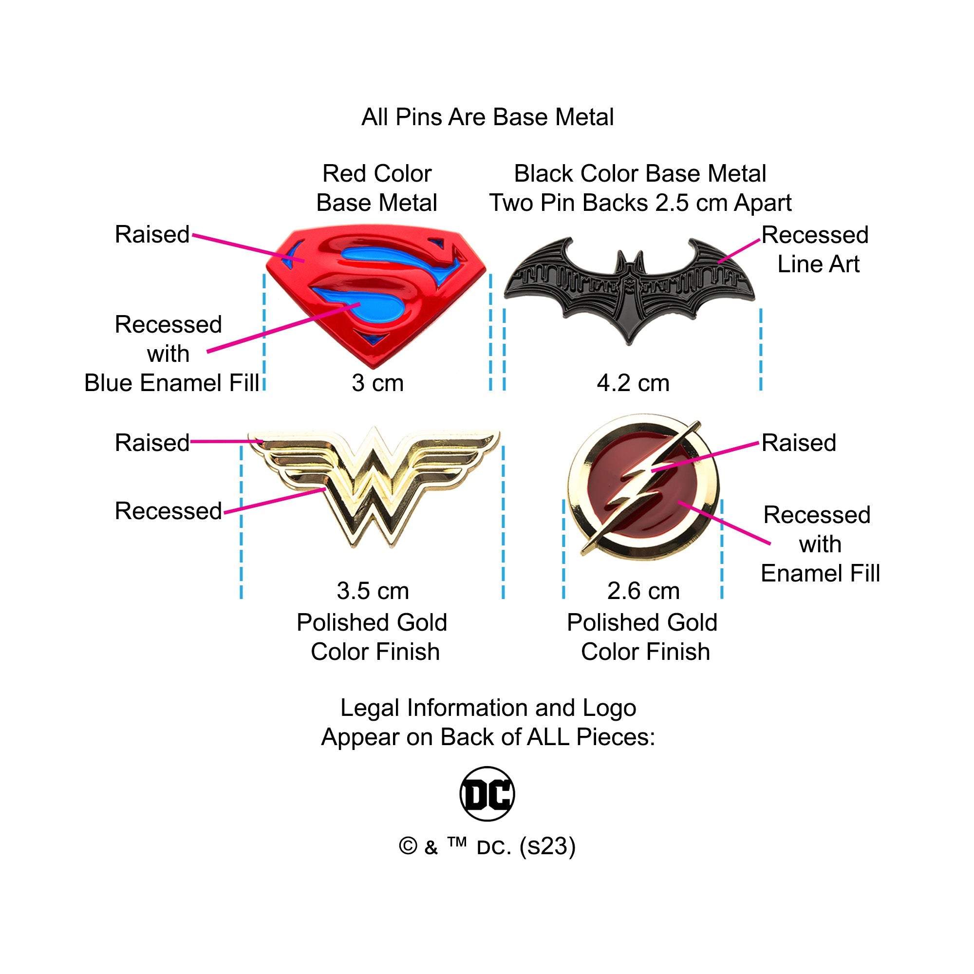 DC Comics Justice League Superman/Batman/Wonder Woman/The Flash Enamel Lapel Pin Set (4pcs) - Jewelry Brands Shop