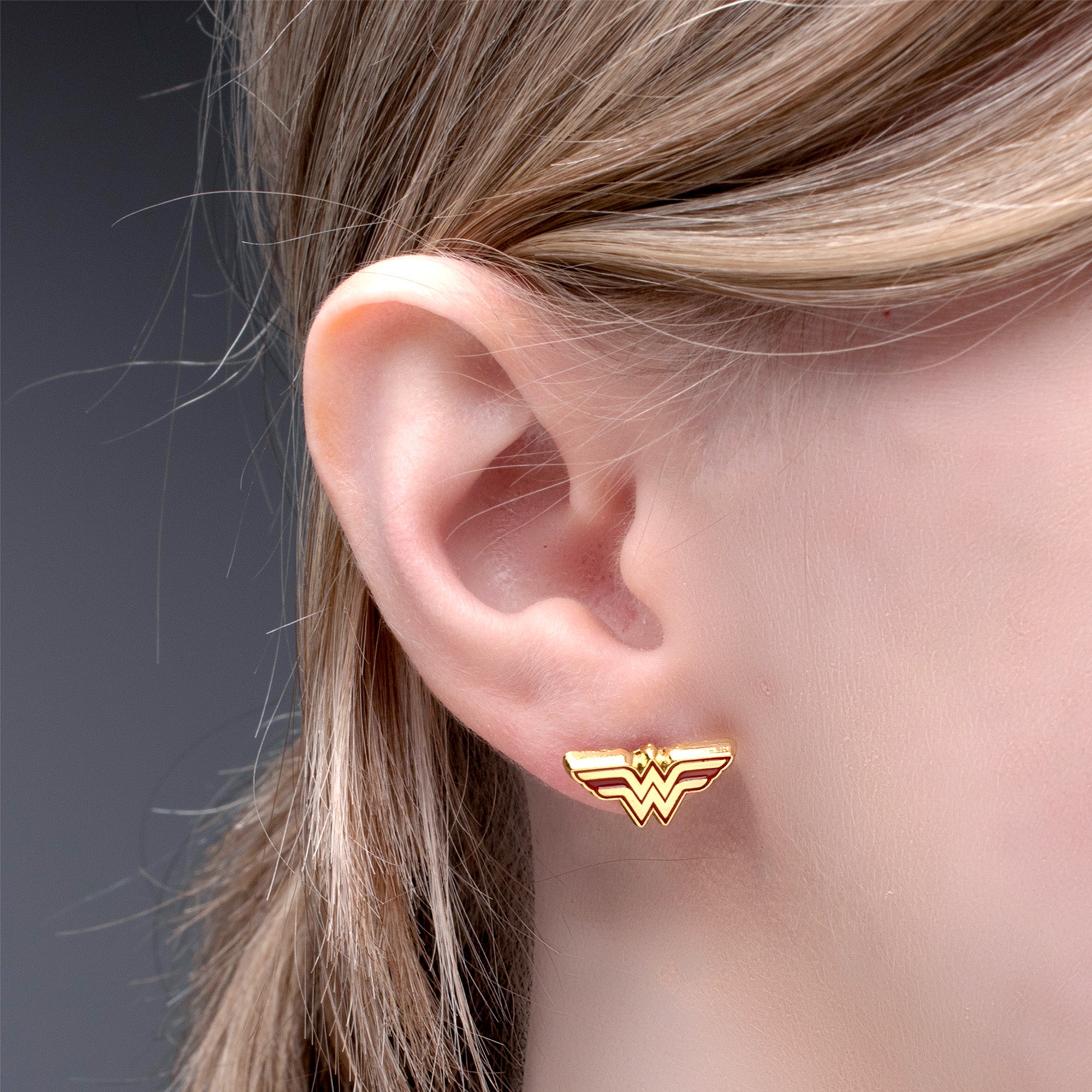 DC Comics Red/Gold Wonder Woman Logo Stud Earrings - Jewelry Brands Shop