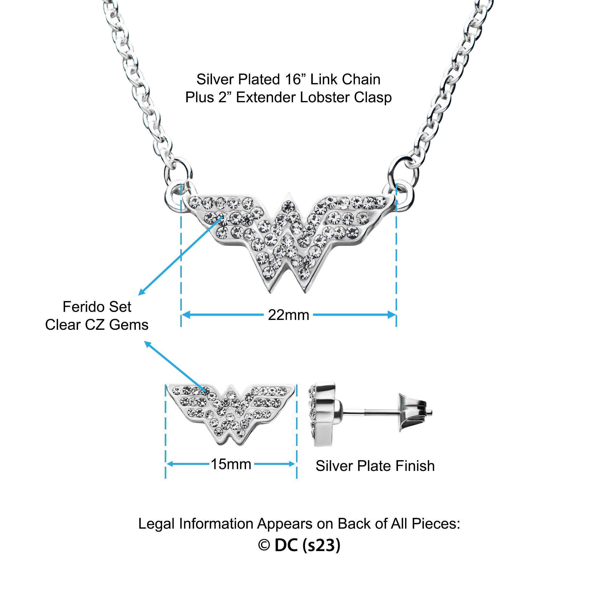 DC Comics Wonder Woman Logo Stud Earrings & Pendant Necklace Set - Jewelry Brands Shop