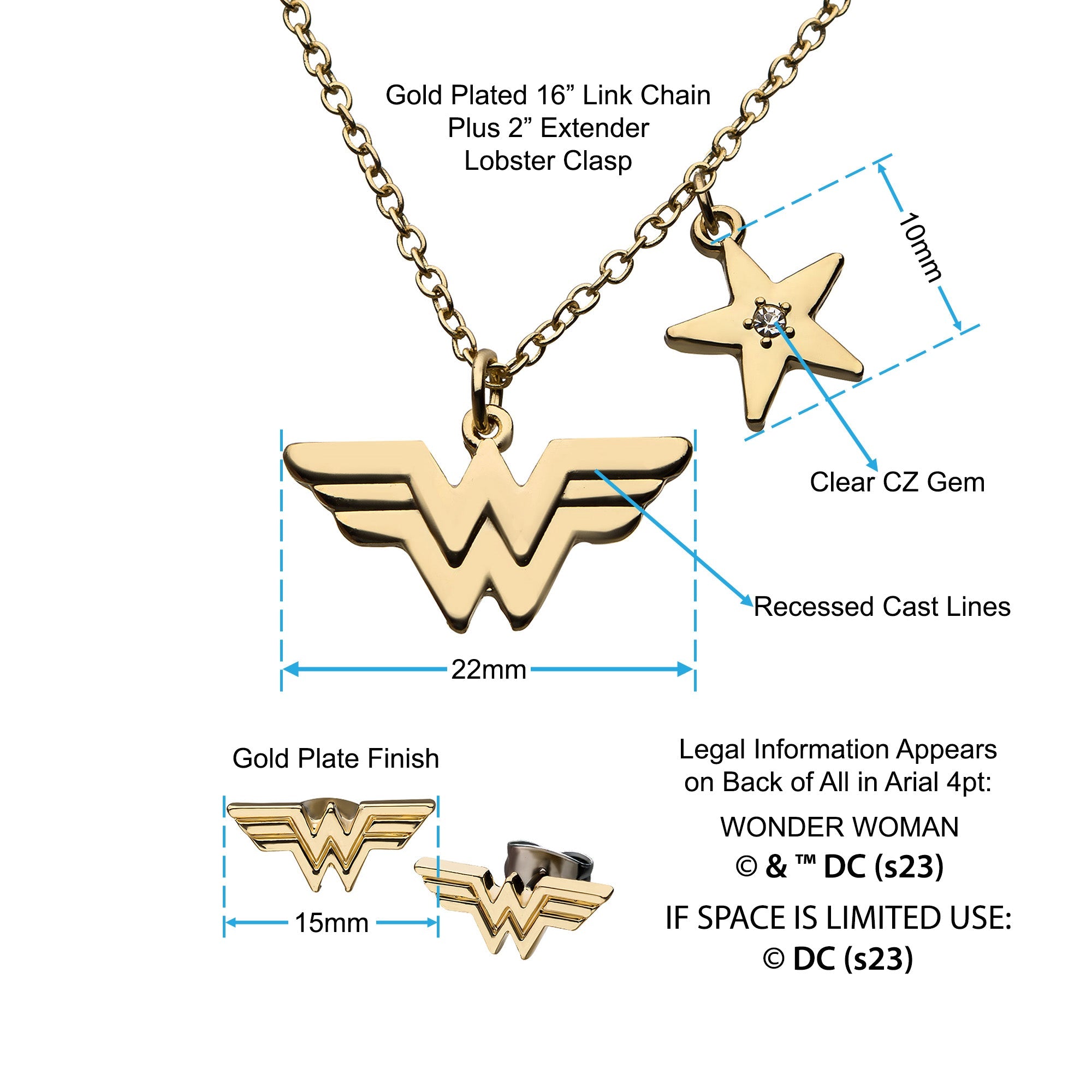 DC Comics Wonder Woman Stud Earrings & Pendant Necklace Set - Jewelry Brands Shop