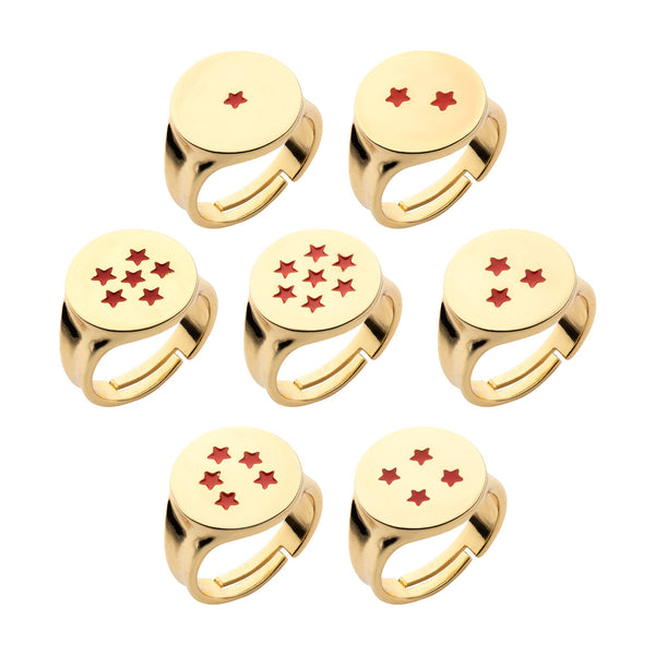 Dragon Ball Super Gold Plated Base Metal Star Adjustable Signet Ring Set with Enamel Artwork