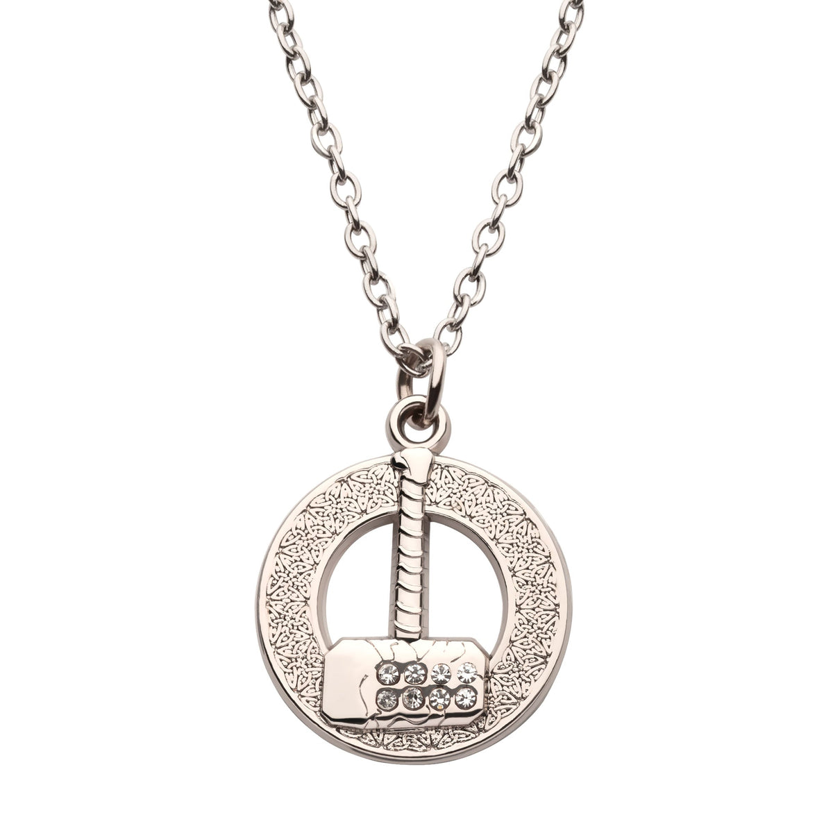 Marvel Base Metal Thor Love and Thunder Hammer with Clear Synthetic stone Pendant with Stainless Steel Chain.