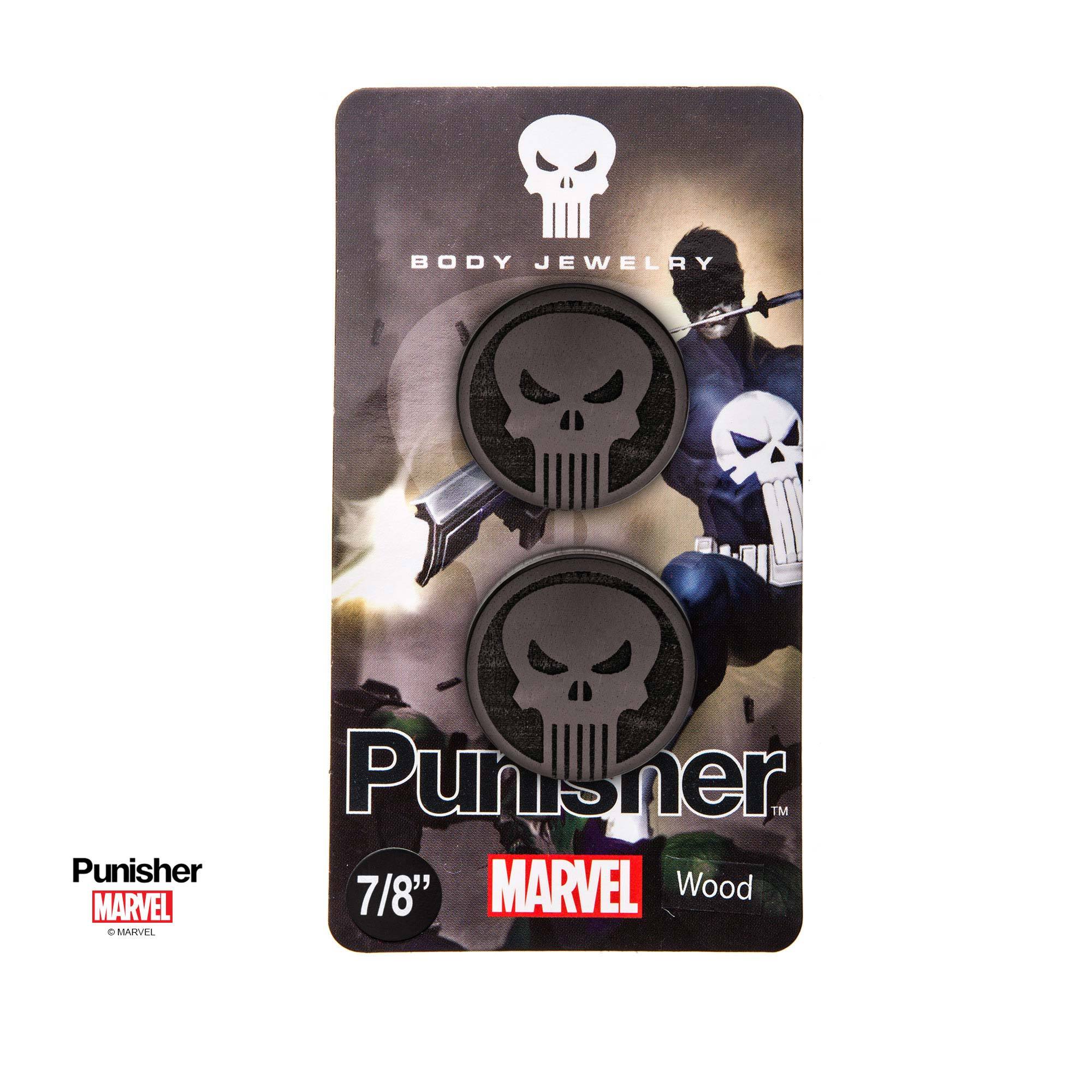 Marvel Punisher Skull Logo Double Flare Iron Wood Plug - Jewelry Brands Shop