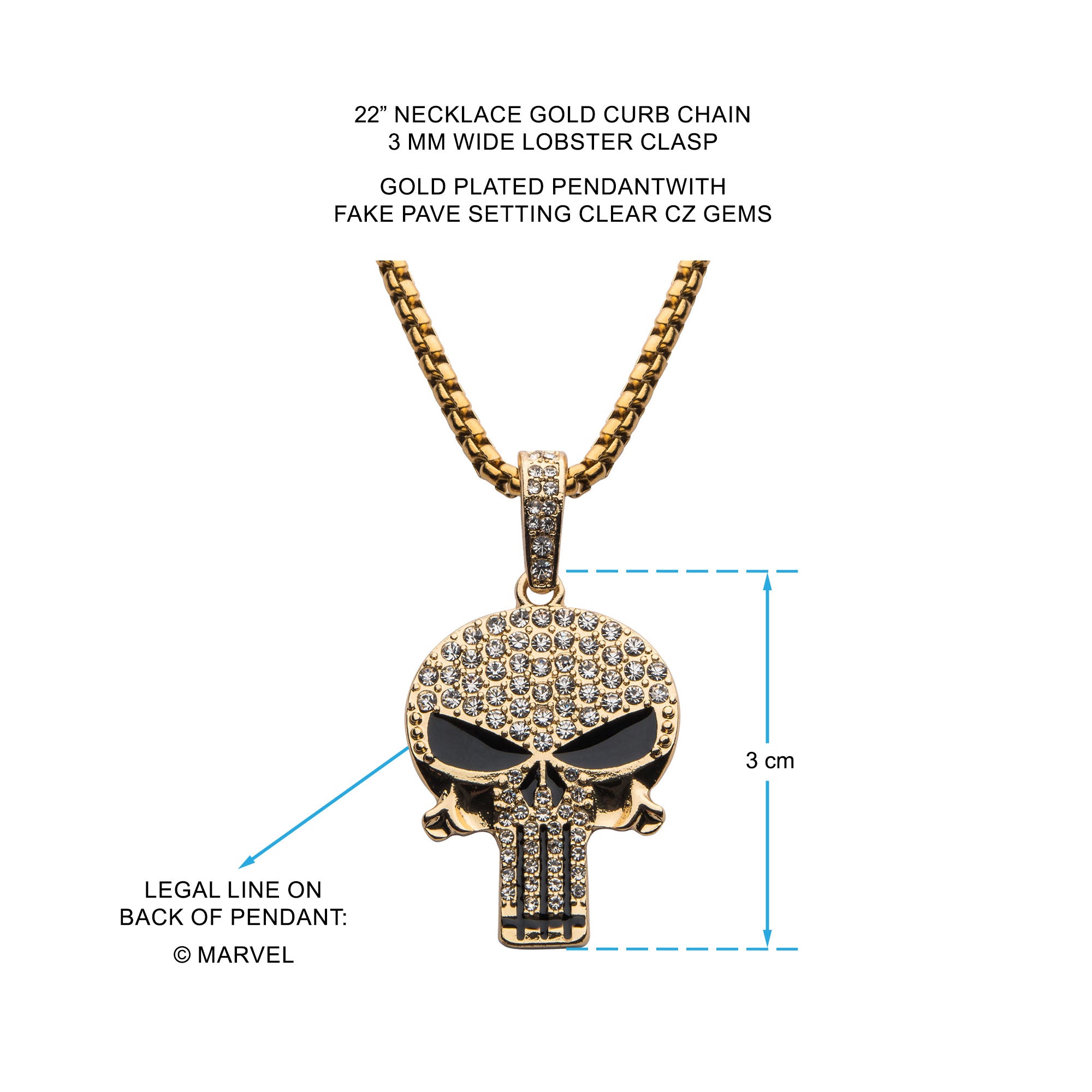 Marvel Punisher Skull Necklace With Cz Gem