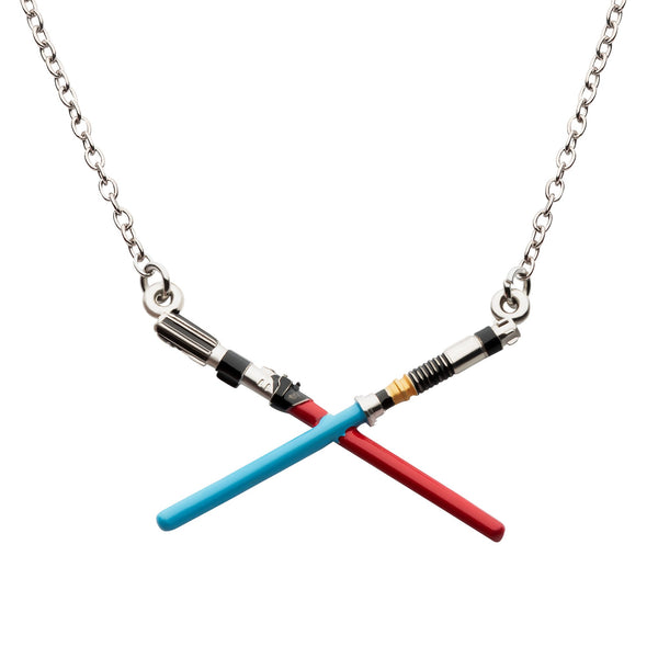 Star Wars Book of Boba Fett Crossed Lightsaber Base Metal Necklace Set with Steel Chain.