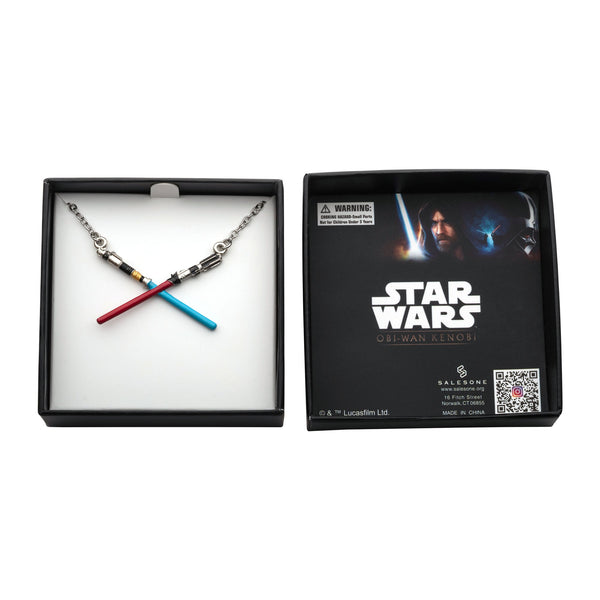 Star Wars Book of Boba Fett Crossed Lightsaber Base Metal Necklace Set with Steel Chain.