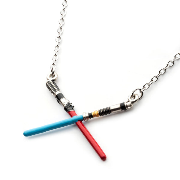 Star Wars Book of Boba Fett Crossed Lightsaber Base Metal Necklace Set with Steel Chain.