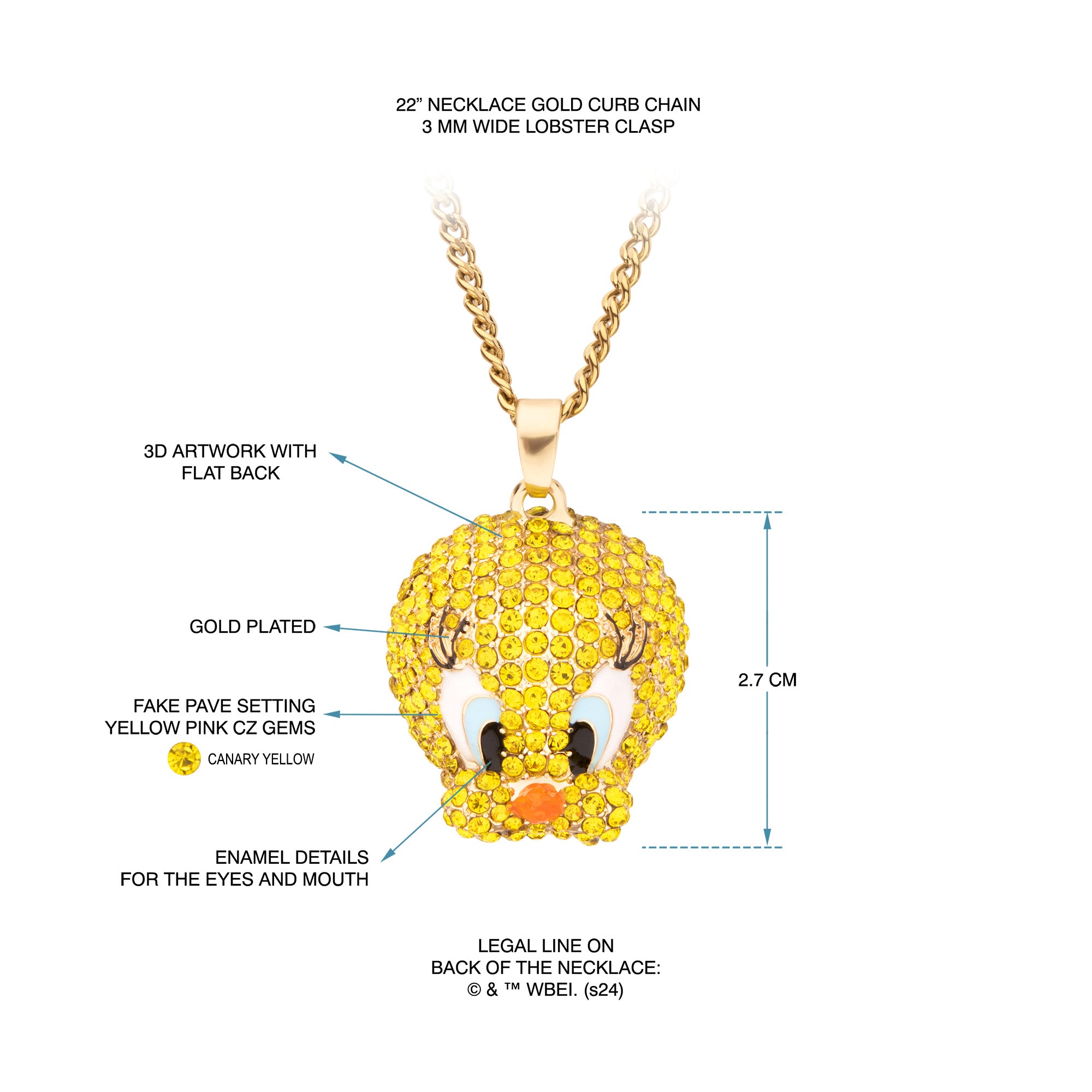 Looney Tunes Tweety Bird Gold Plated Bling Pendant Necklace