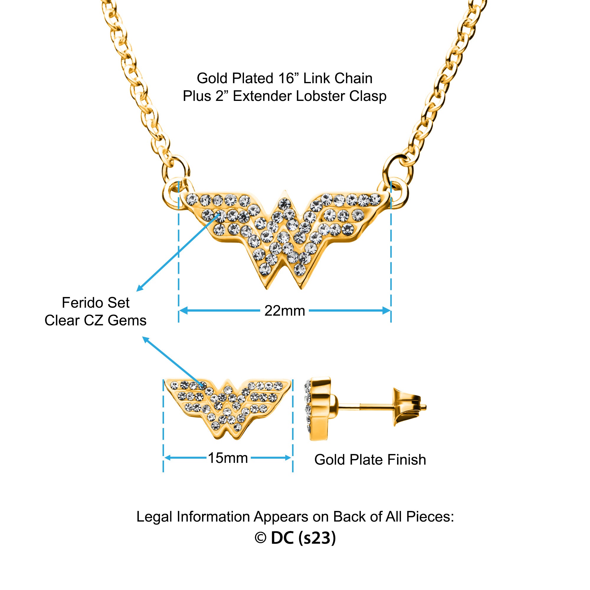 DC Comics Wonder Woman Stud Earrings & Pendant Necklace Gem Set