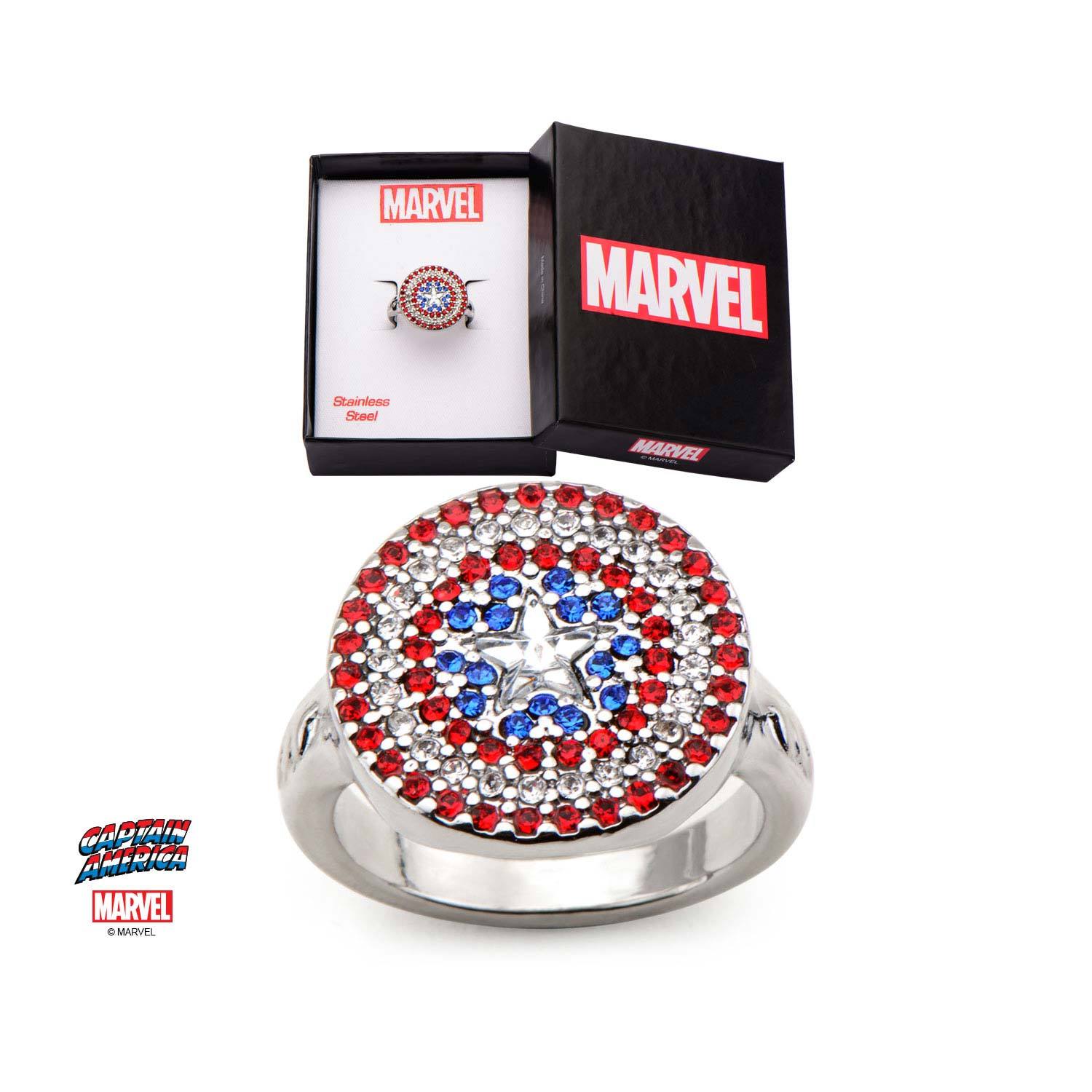 Marvel's Captain America Shield Logo Ring with Red, White, and Blue Bling