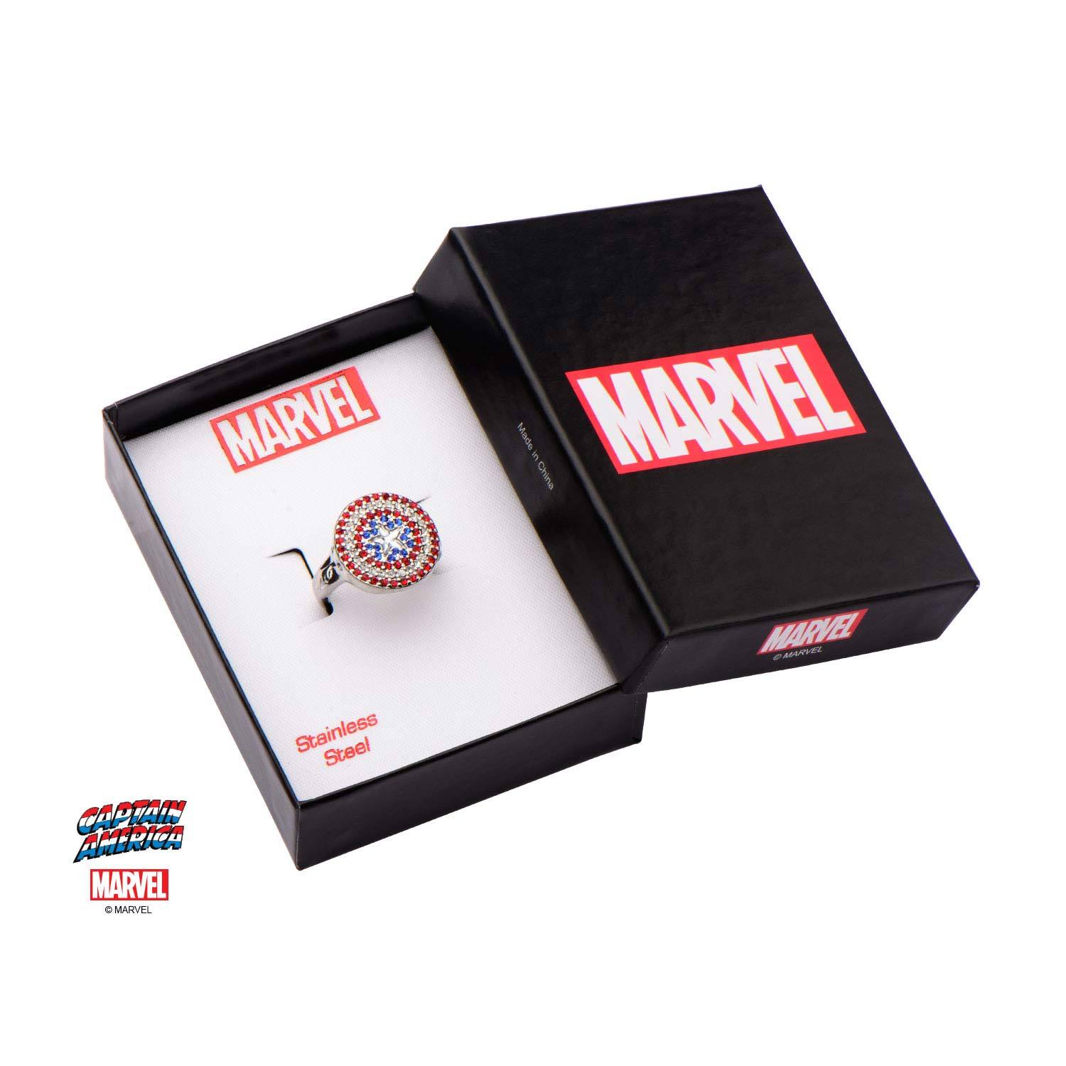Marvel's Captain America Shield Logo Ring with Red, White, and Blue Bling