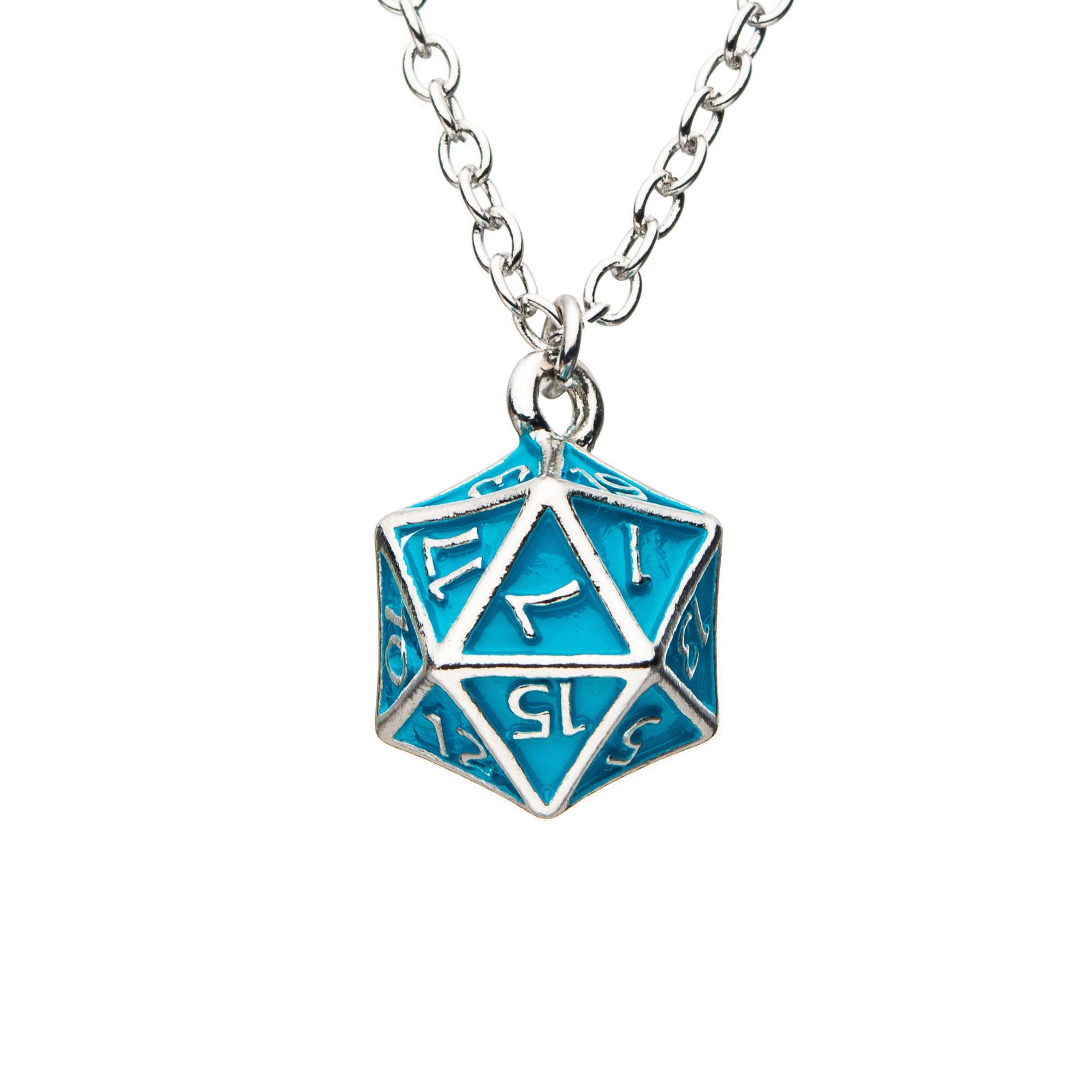 Wizard D20 Character Class Dice Necklace with Spellbook Charm - Blue D&D Dice Pendant Gold Color