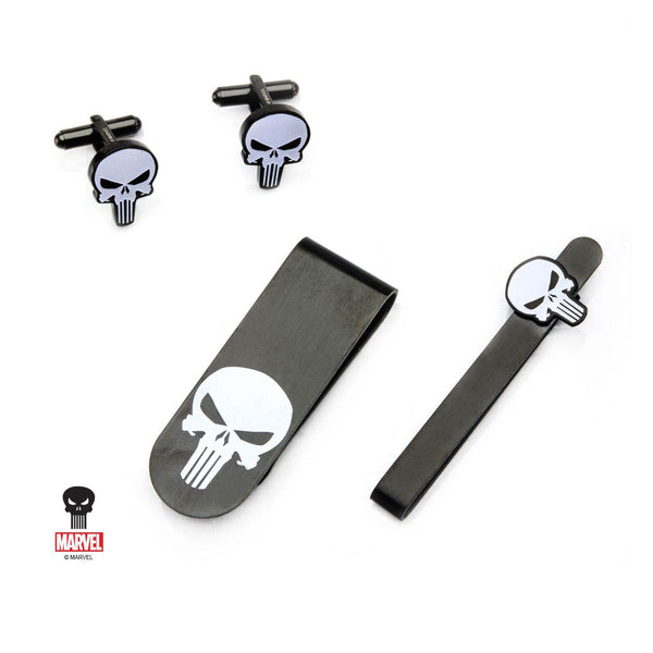 Black IP Marvel Punisher Money Clip, Tie Bar & Cuff Links Set