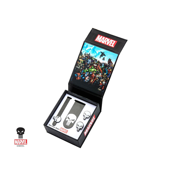 Black IP Marvel Punisher Money Clip, Tie Bar & Cuff Links Set