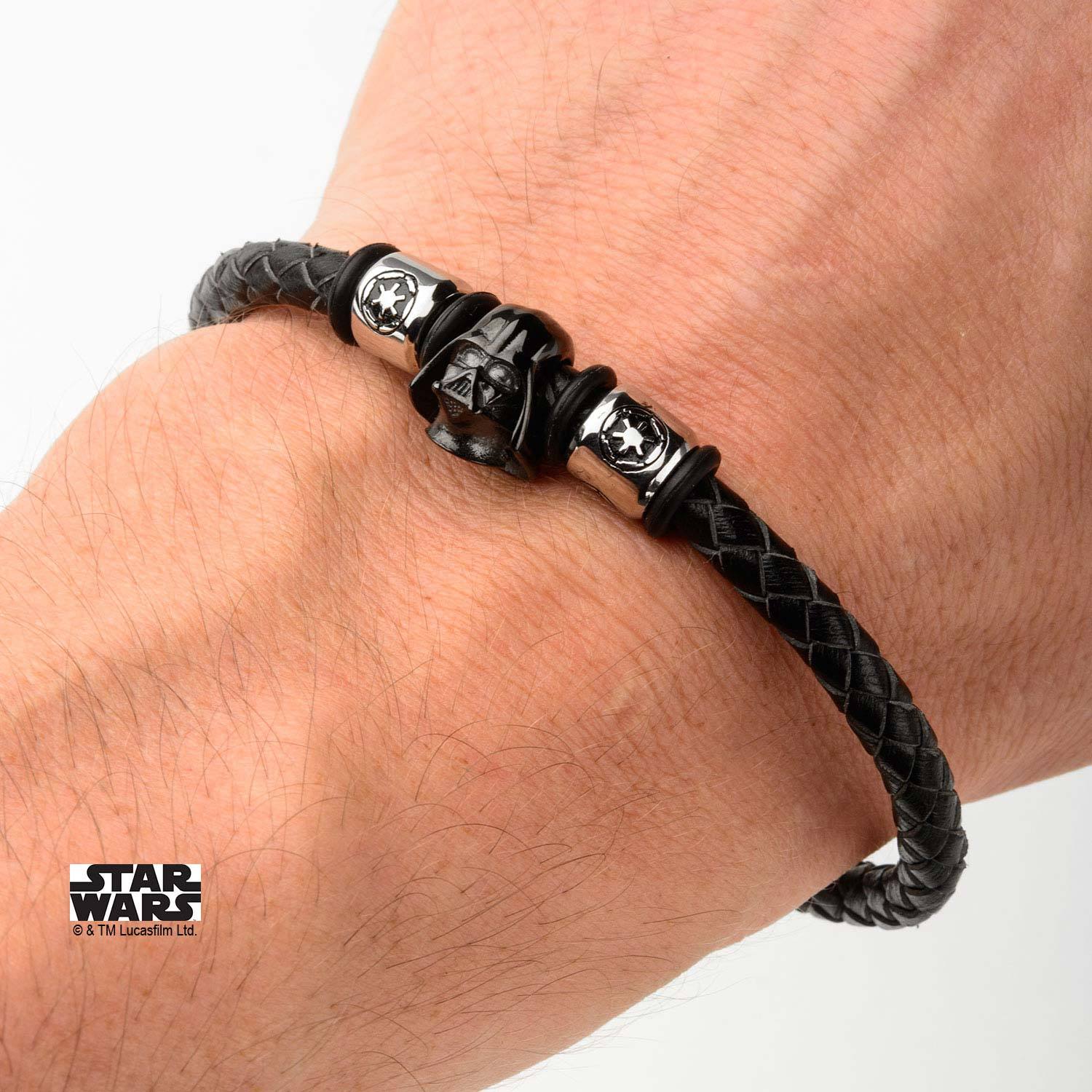 Star Wars Darth Vader Helmet and Galactic Empire Symbol Beads Leather Bracelet