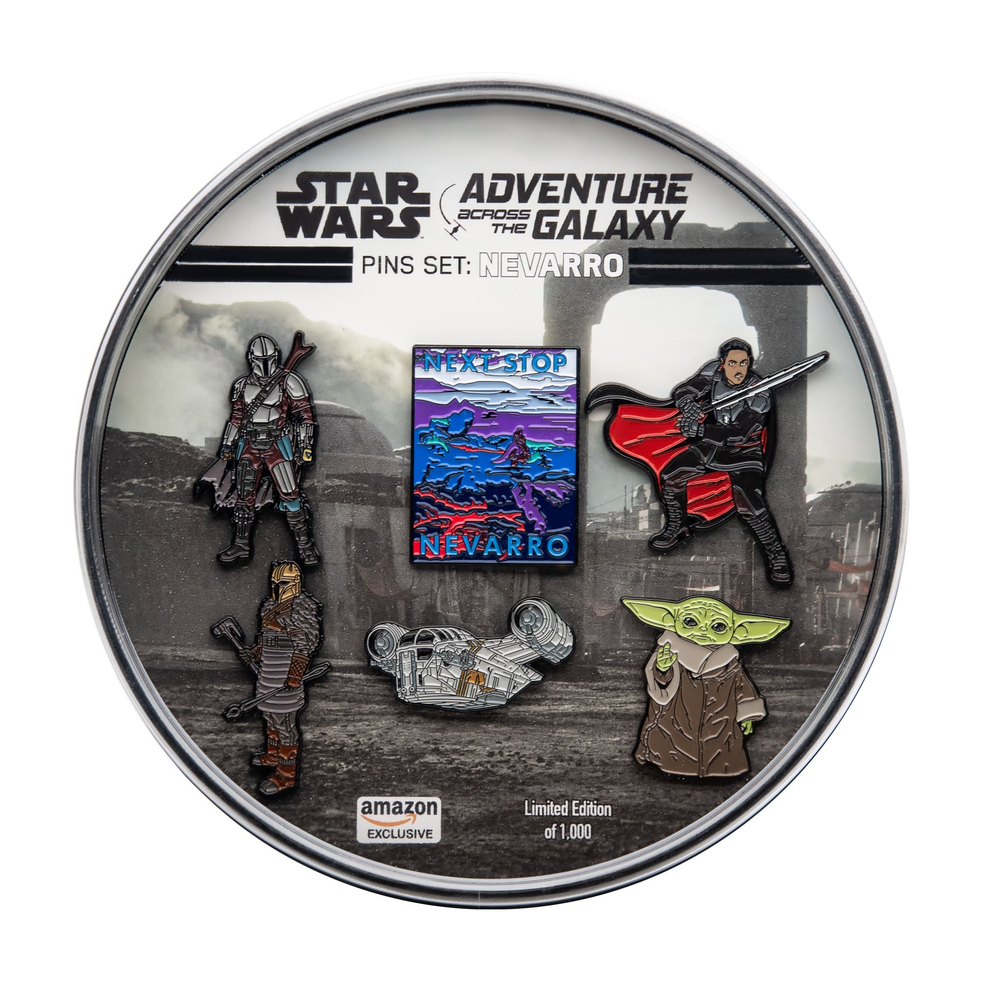 Star Wars Adventure Across The Galaxy: Next Stop Nevarro 6 Enamel Lapel Pin Set.