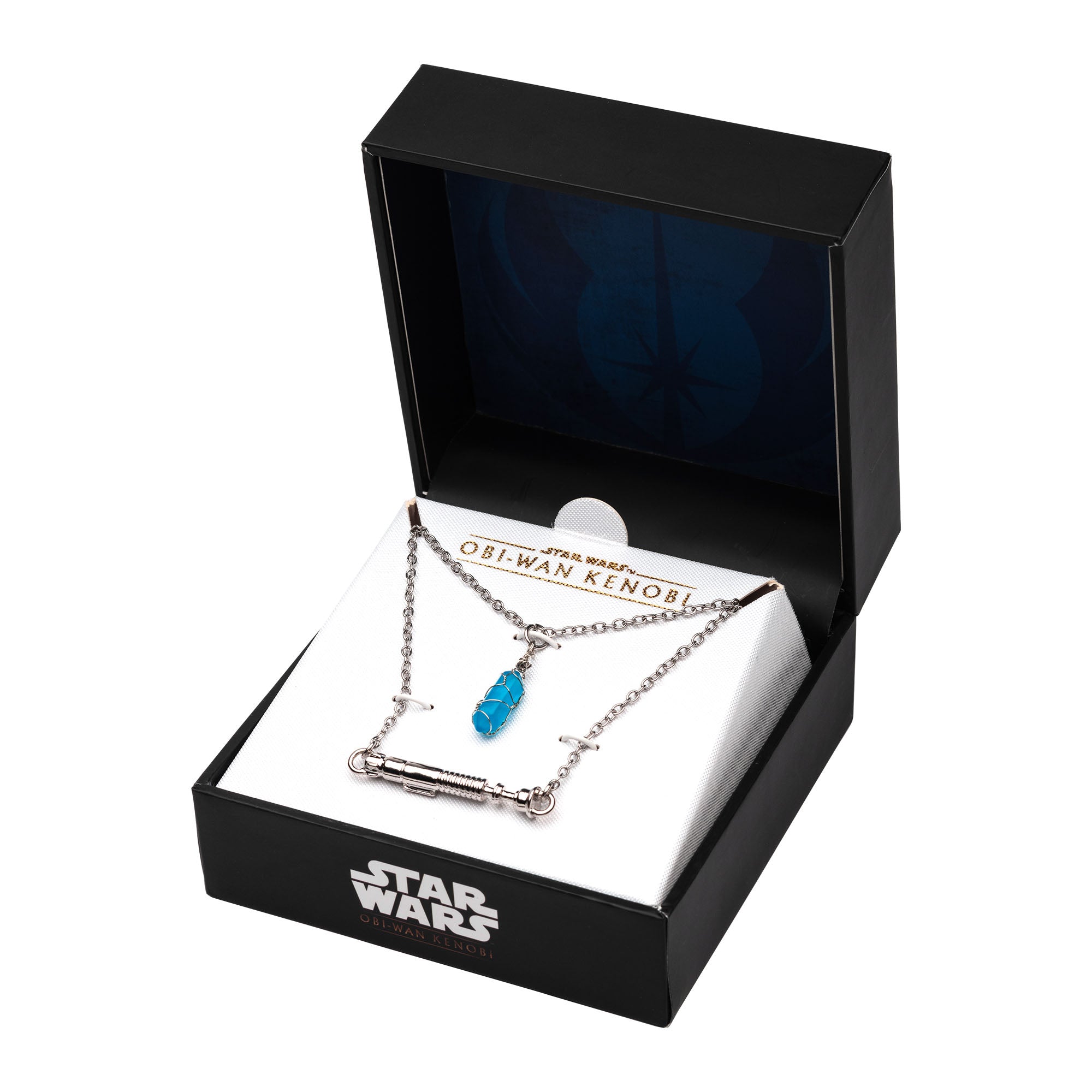 Star Wars Base Metal 3D Blue Obi-wan's Lightsaber Handle and Crystal Pendant with Stainless Steel Chain Set