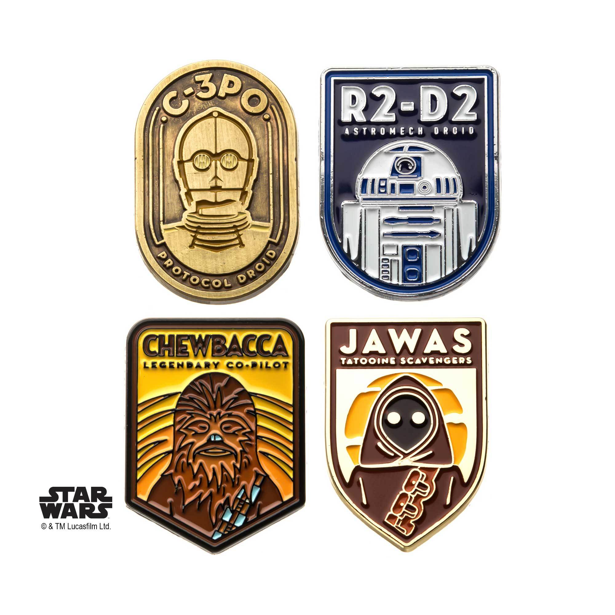 Star Wars R2-D2, C-3PO, Chewbacca and Jawa Lapel Pin Set
