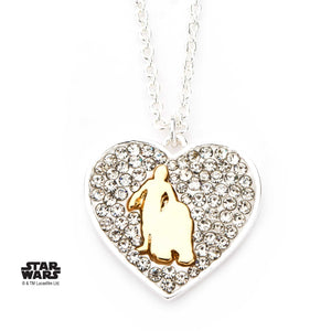 Star Wars Silver Plated R2D2 and C-3PO with Clear Gem Heart Pendant with Chain