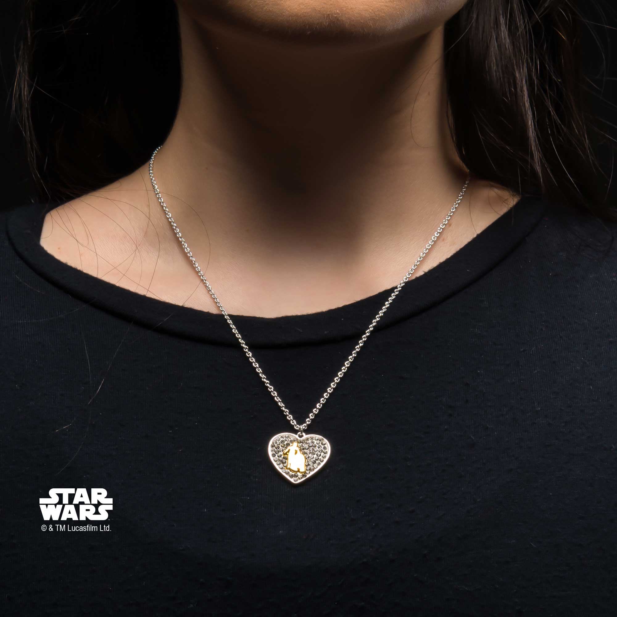 Star Wars Silver Plated R2D2 and C-3PO with Clear Gem Heart Pendant with Chain
