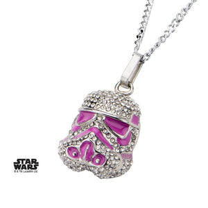 Star Wars Stormtrooper with Clear Gem and Pink Enamel Filled Pendant Necklace