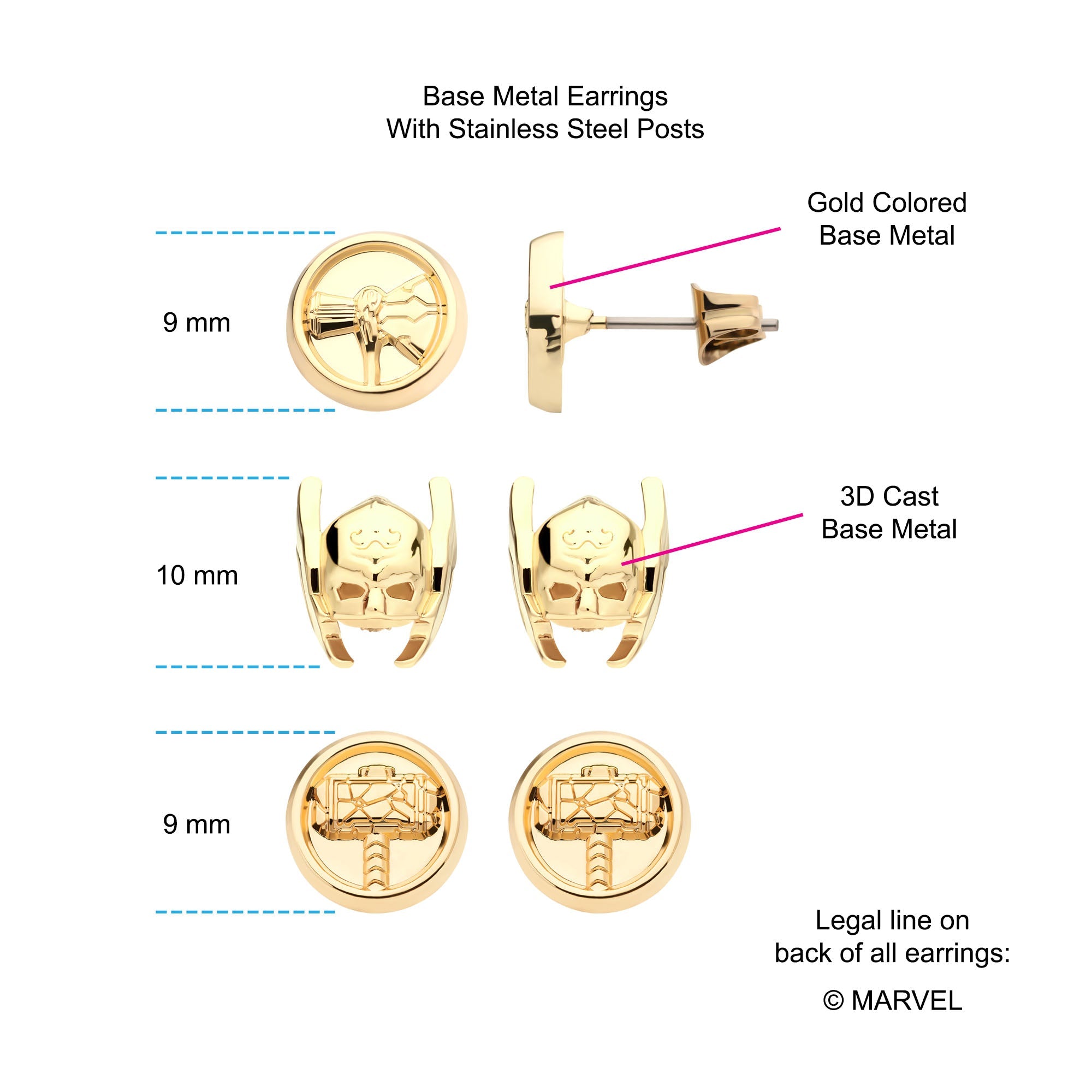 Marvel Base Metal Gold Plated Thor Love and Thunder 3 pairs Stud Earrings Set with Stainless Steel Post