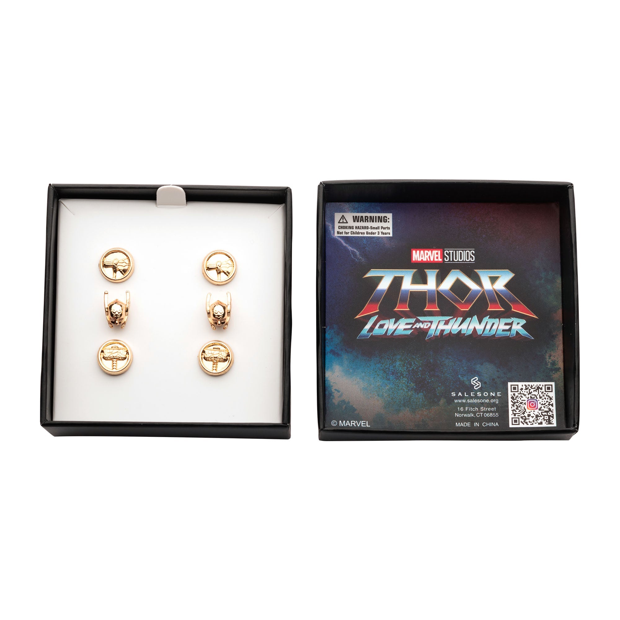 Marvel Base Metal Gold Plated Thor Love and Thunder 3 pairs Stud Earrings Set with Stainless Steel Post