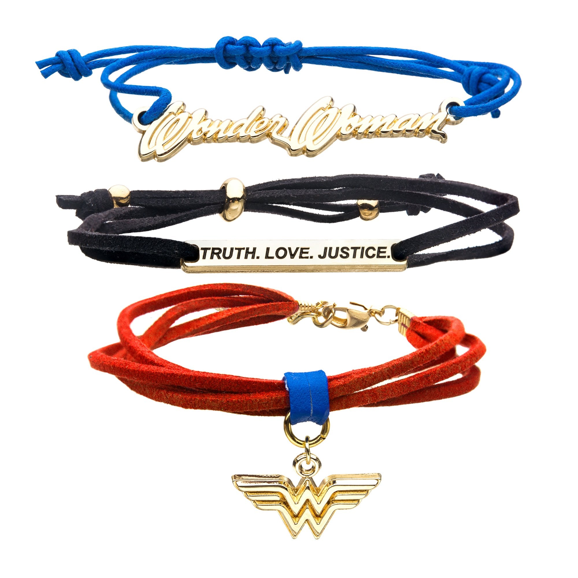 DC Comics Wonder Woman Blue, Black and Red Cord Bracelet Set